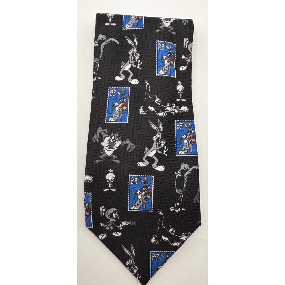 Vintage 1997 Looney Tunes Stamp Collection Tie Bugs Bunny Taz Marvin Black Mens